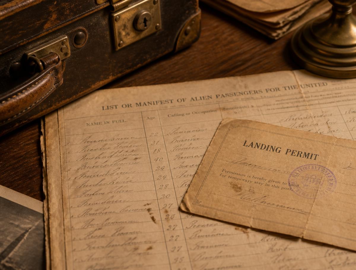 A worn suitcase beside a handwritten passenger manifest and a landing permit