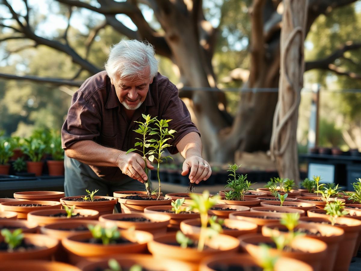 A family-run Australian nursery, weathered hands potting seedlings