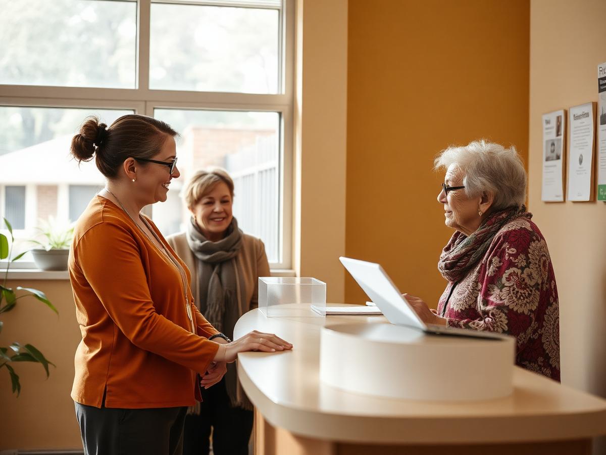 A welcoming suburban clinic reception where staff greet an older migrant couple
