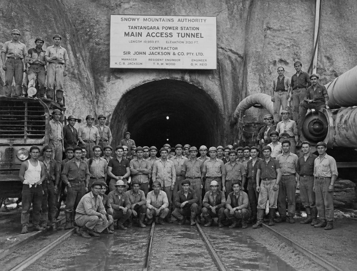 Workers of many nationalities at a Snowy Mountains Scheme tunnel entrance